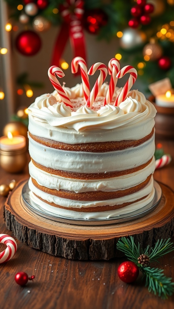 A festive Christmas cake with buttercream frosting and holiday decorations on a wooden table.